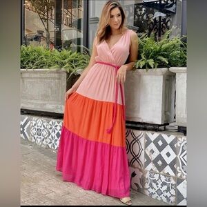 Flying Tomato Pleated Tiered Maxi Dress in Pink and Orange